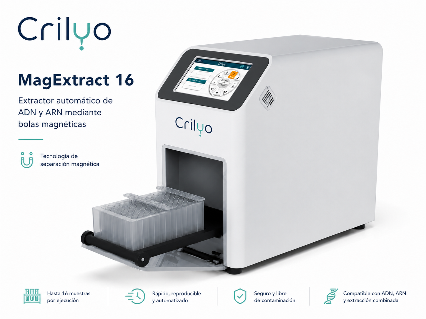 Extractor automático de ácidos nucleicos para hasta 16 muestras. Crilyo MagExtract 16